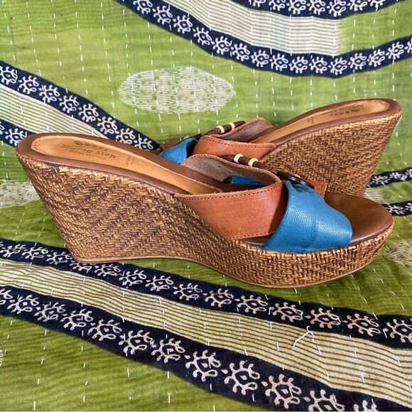 Spring Step Blue and Brown Leather Boho Wedge Heels Size 9 - Picture 6 of 14